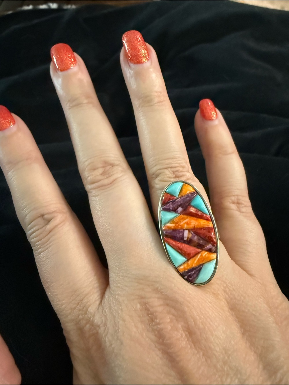 Jay King Turquoise, Orange, Red & Purple Spiny Oyster Oval Inlay Ring, size 9